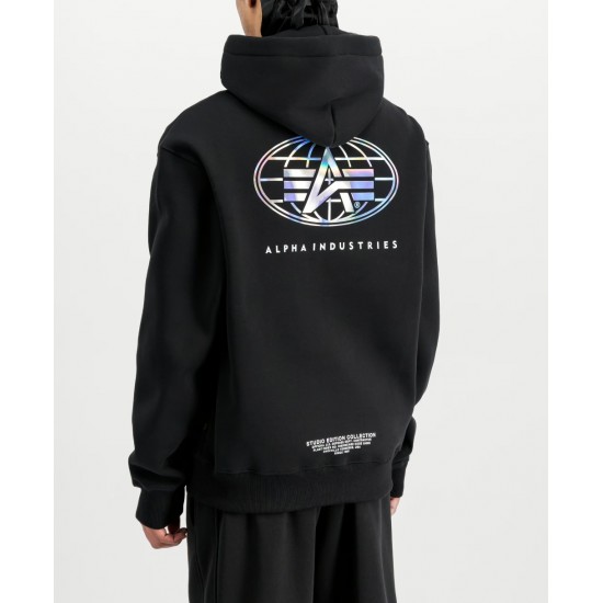 ALPHA IND. WORLD LOGO METALLIC BACKPRINT HOODY Black