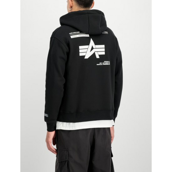 ALPHA IND. LABEL BACK PRINT ZIP HOODY Black