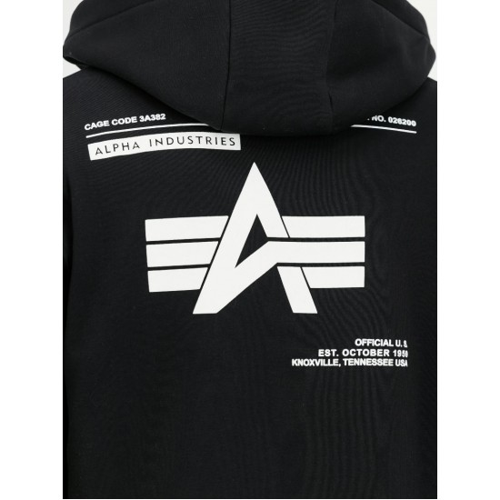 ALPHA IND. LABEL BACK PRINT ZIP HOODY Black
